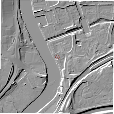 Shaded relief map of the ground around TS176DA, computed from Environment Agency LiDAR. The ground here sits at about 5 m above sea level and falls 11 m across the surrounding 800 m. Surface water reaching this point runs off ground lying to the south-south-east, 4.3 m higher.