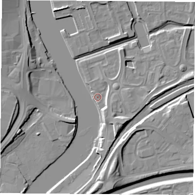 Shaded relief map of the ground around TS176DB, computed from Environment Agency LiDAR. The ground here sits at about 5 m above sea level and falls 11 m across the surrounding 800 m. Surface water reaching this point runs off ground lying to the south-east, 9.2 m higher.