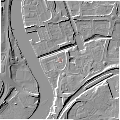 Shaded relief map of the ground around TS176DD, computed from Environment Agency LiDAR. The ground here sits at about 5 m above sea level and falls 10 m across the surrounding 800 m. Surface water reaching this point runs off ground lying to the south-south-east, 6.9 m higher.