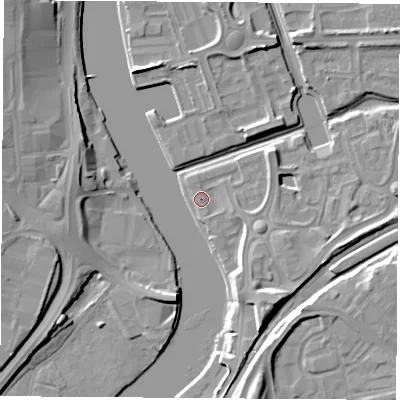 Shaded relief map of the ground around TS176DF, computed from Environment Agency LiDAR. The ground here sits at about 5 m above sea level and falls 11 m across the surrounding 800 m. Surface water reaching this point runs off ground lying to the south-east, 7.6 m higher.