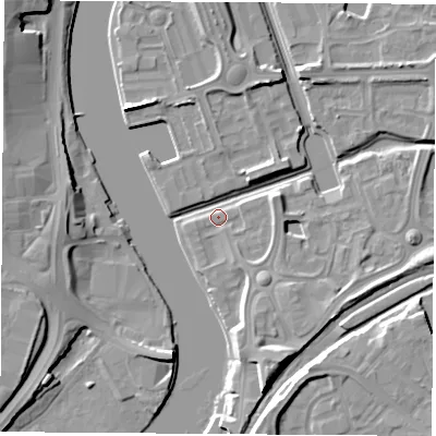 Shaded relief map of the ground around TS176DG, computed from Environment Agency LiDAR. The ground here sits at about 5 m above sea level and falls 10 m across the surrounding 800 m. Surface water reaching this point runs off ground lying to the south-south-east, 9.1 m higher.