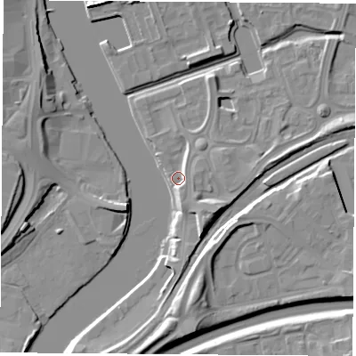 Shaded relief map of the ground around TS176DP, computed from Environment Agency LiDAR. The ground here sits at about 5 m above sea level and falls 11 m across the surrounding 800 m. Surface water reaching this point runs off ground lying to the south-east, 4.2 m higher.