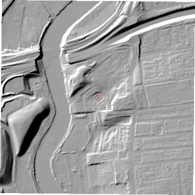 Shaded relief map of the ground around TS176DT, computed from Environment Agency LiDAR. The ground here sits at about 6 m above sea level and falls 16 m across the surrounding 800 m. Surface water reaching this point runs off ground lying to the east, 8.5 m higher.