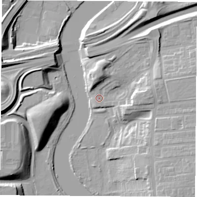 Shaded relief map of the ground around TS176DW, computed from Environment Agency LiDAR. The ground here sits at about 6 m above sea level and falls 19 m across the surrounding 800 m. Surface water reaching this point runs off ground lying to the east, 8.9 m higher.