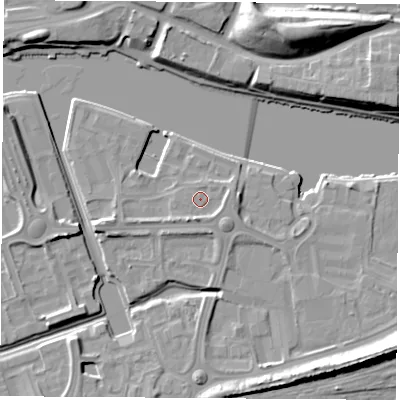 Shaded relief map of the ground around TS176EN, computed from Environment Agency LiDAR. The ground here sits at about 5 m above sea level and falls 18 m across the surrounding 800 m. Surface water reaching this point runs off ground lying to the south-south-west, 2.4 m higher.