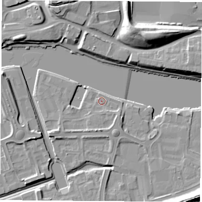 Shaded relief map of the ground around TS176ER, computed from Environment Agency LiDAR. The ground here sits at about 5 m above sea level and falls 18 m across the surrounding 800 m. Surface water reaching this point runs off ground lying to the south-east, 1.8 m higher.