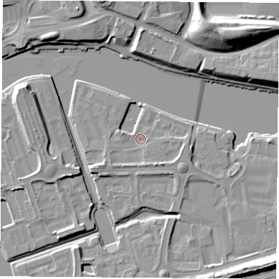 Shaded relief map of the ground around TS176EW, computed from Environment Agency LiDAR. The ground here sits at about 4 m above sea level and falls 18 m across the surrounding 800 m. Surface water reaching this point runs off ground lying to the west-south-west, 3.1 m higher.