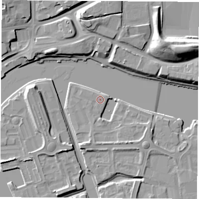 Shaded relief map of the ground around TS176EX, computed from Environment Agency LiDAR. The ground here sits at about 5 m above sea level and falls 18 m across the surrounding 800 m. The ground contributing surface water to this point lies to the south-west.