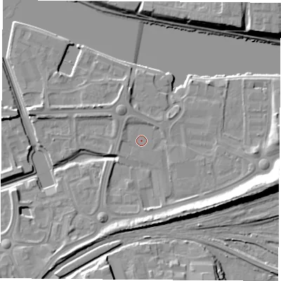 Shaded relief map of the ground around TS176FB, computed from Environment Agency LiDAR. The ground here sits at about 5 m above sea level and falls 14 m across the surrounding 800 m. Surface water reaching this point runs off ground lying to the south-west, 1.1 m higher.
