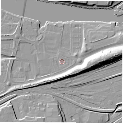 Shaded relief map of the ground around TS176JZ, computed from Environment Agency LiDAR. The ground here sits at about 5 m above sea level and falls 18 m across the surrounding 800 m. Surface water reaching this point runs off ground lying to the east, 1.5 m higher.