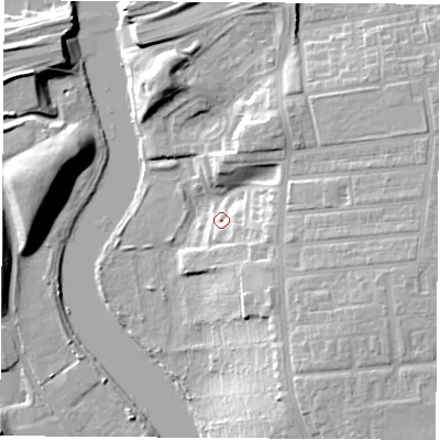 Shaded relief map of the ground around TS176LD, computed from Environment Agency LiDAR. The ground here sits at about 8 m above sea level and falls 16 m across the surrounding 800 m. Surface water reaching this point runs off ground lying to the south-east, 8.0 m higher.