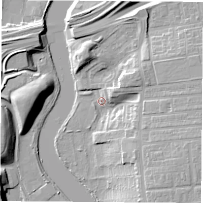 Shaded relief map of the ground around TS176LE, computed from Environment Agency LiDAR. The ground here sits at about 5 m above sea level and falls 16 m across the surrounding 800 m. Surface water reaching this point runs off ground lying to the south-east, 13.4 m higher.