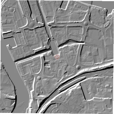 Shaded relief map of the ground around TS176PT, computed from Environment Agency LiDAR. The ground here sits at about 4 m above sea level and falls 11 m across the surrounding 800 m. Surface water reaching this point runs off ground lying to the south, 5.7 m higher.