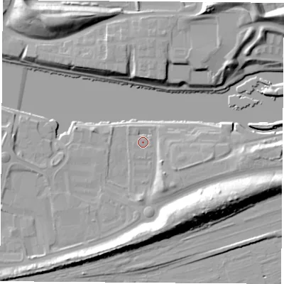 Shaded relief map of the ground around TS176PY, computed from Environment Agency LiDAR. The ground here sits at about 5 m above sea level and falls 18 m across the surrounding 800 m. Surface water reaching this point runs off ground lying to the east-south-east, 3.0 m higher.