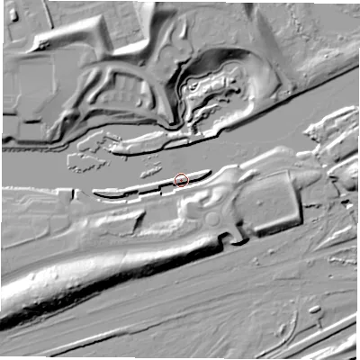 Shaded relief map of the ground around TS176QA, computed from Environment Agency LiDAR. The ground here sits at about 5 m above sea level and falls 21 m across the surrounding 800 m. Surface water reaching this point runs off ground lying to the south-east, 10.8 m higher.