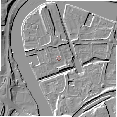 Shaded relief map of the ground around TS176QN, computed from Environment Agency LiDAR. The ground here sits at about 5 m above sea level and falls 11 m across the surrounding 800 m. Surface water reaching this point runs off ground lying to the south-south-east, 2.4 m higher.