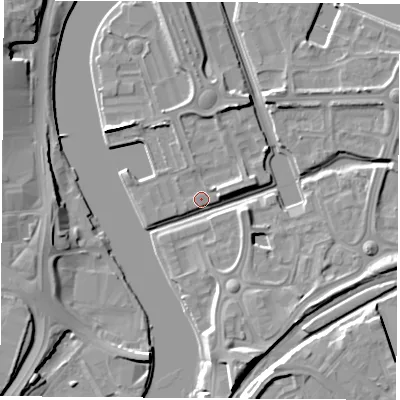 Shaded relief map of the ground around TS176QP, computed from Environment Agency LiDAR. The ground here sits at about 5 m above sea level and falls 11 m across the surrounding 800 m. Surface water reaching this point runs off ground lying to the north-north-east, 5.8 m higher.