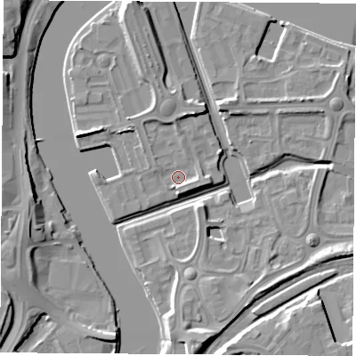 Shaded relief map of the ground around TS176QW, computed from Environment Agency LiDAR. The ground here sits at about 5 m above sea level and falls 11 m across the surrounding 800 m. Surface water reaching this point runs off ground lying to the east-south-east, 2.4 m higher.