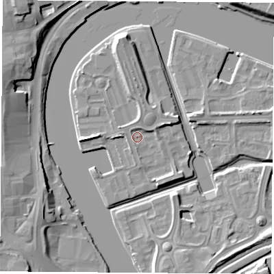 Shaded relief map of the ground around TS176QX, computed from Environment Agency LiDAR. The ground here sits at about 5 m above sea level and falls 12 m across the surrounding 800 m. Surface water reaching this point runs off ground lying to the north-east, 1.8 m higher.