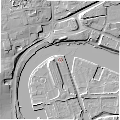 Shaded relief map of the ground around TS176QY, computed from Environment Agency LiDAR. The ground here sits at about 5 m above sea level and falls 14 m across the surrounding 800 m. Surface water reaching this point runs off ground lying to the west, 4.5 m higher.