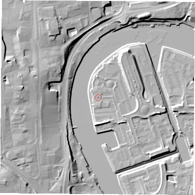 Shaded relief map of the ground around TS176QZ, computed from Environment Agency LiDAR. The ground here sits at about 5 m above sea level and falls 13 m across the surrounding 800 m. Surface water reaching this point runs off ground lying to the south-south-east, 0.9 m higher.