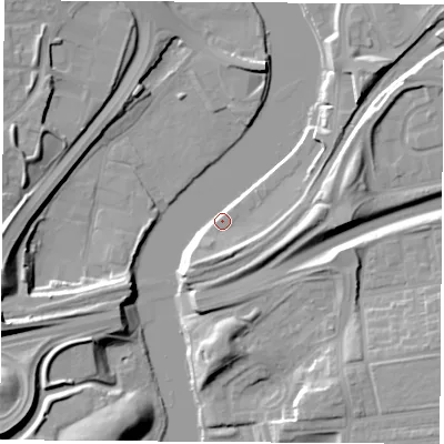 Shaded relief map of the ground around TS176SA, computed from Environment Agency LiDAR. The ground here sits at about 6 m above sea level and falls 19 m across the surrounding 800 m. Surface water reaching this point runs off ground lying to the south-south-west, 8.6 m higher.
