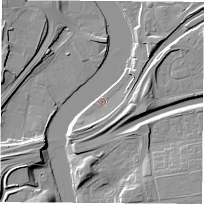 Shaded relief map of the ground around TS176SB, computed from Environment Agency LiDAR. The ground here sits at about 6 m above sea level and falls 14 m across the surrounding 800 m. Surface water reaching this point runs off ground lying to the south-south-east, 3.8 m higher.