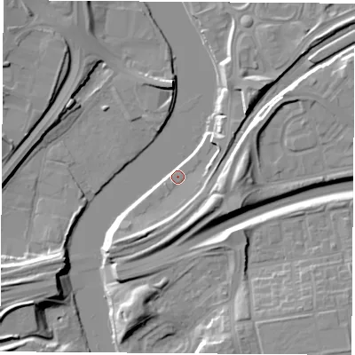 Shaded relief map of the ground around TS176SD, computed from Environment Agency LiDAR. The ground here sits at about 6 m above sea level and falls 12 m across the surrounding 800 m. Surface water reaching this point runs off ground lying to the south-east, 6.8 m higher.