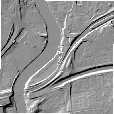 Shaded relief map of the ground around TS176SF, computed from Environment Agency LiDAR. The ground here sits at about 6 m above sea level and falls 12 m across the surrounding 800 m. Surface water reaching this point runs off ground lying to the south, 10.1 m higher.