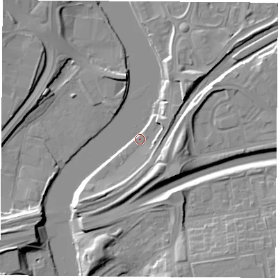Shaded relief map of the ground around TS176SH, computed from Environment Agency LiDAR. The ground here sits at about 6 m above sea level and falls 12 m across the surrounding 800 m. Surface water reaching this point runs off ground lying to the south-south-east, 6.8 m higher.