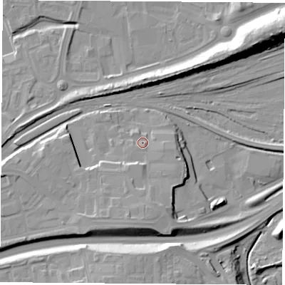 Shaded relief map of the ground around TS177AR, computed from Environment Agency LiDAR. The ground here sits at about 8 m above sea level and falls 18 m across the surrounding 800 m. Surface water reaching this point runs off ground lying to the south, 6.2 m higher.