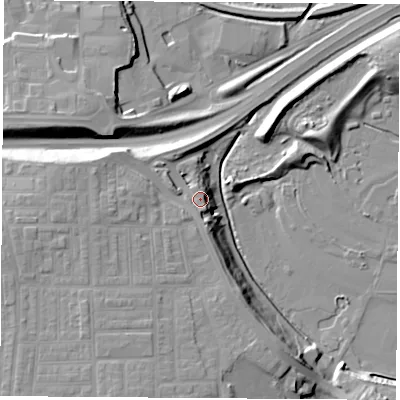 Shaded relief map of the ground around TS177BD, computed from Environment Agency LiDAR. The ground here sits at about 11 m above sea level and falls 15 m across the surrounding 800 m. Surface water reaching this point runs off ground lying to the south, 1.4 m higher.