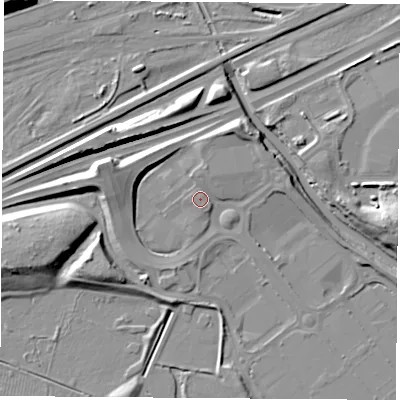 Shaded relief map of the ground around TS177BG, computed from Environment Agency LiDAR. The ground here sits at about 5 m above sea level and falls 14 m across the surrounding 800 m. Surface water reaching this point runs off ground lying to the north-north-east, 5.0 m higher.