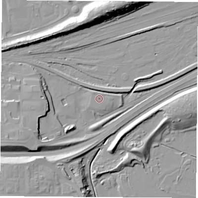 Shaded relief map of the ground around TS177BN, computed from Environment Agency LiDAR. The ground here sits at about 5 m above sea level and falls 18 m across the surrounding 800 m. The ground contributing surface water to this point lies to the south.