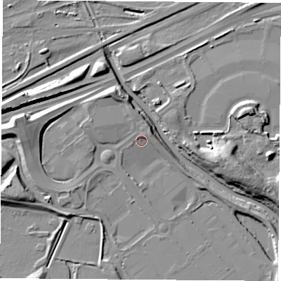 Shaded relief map of the ground around TS177BP, computed from Environment Agency LiDAR. The ground here sits at about 5 m above sea level and falls 13 m across the surrounding 800 m. Surface water reaching this point runs off ground lying to the north-east, 2.2 m higher.