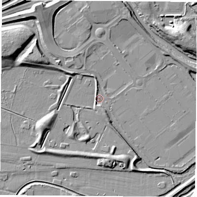 Shaded relief map of the ground around TS177BT, computed from Environment Agency LiDAR. The ground here sits at about 2 m above sea level and falls 13 m across the surrounding 800 m. Surface water reaching this point runs off ground lying to the south, 4.6 m higher.