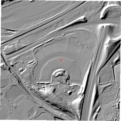 Shaded relief map of the ground around TS177BU, computed from Environment Agency LiDAR. The ground here sits at about 5 m above sea level and falls 14 m across the surrounding 800 m. Surface water reaching this point runs off ground lying to the south-east, 9.8 m higher.