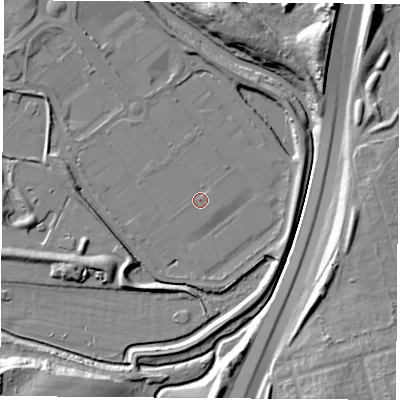 Shaded relief map of the ground around TS177BW, computed from Environment Agency LiDAR. The ground here sits at about 3 m above sea level and falls 14 m across the surrounding 800 m. Surface water reaching this point runs off ground lying to the east-south-east, 0.8 m higher.