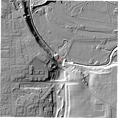 Shaded relief map of the ground around TS177JS, computed from Environment Agency LiDAR. The ground here sits at about 4 m above sea level and falls 15 m across the surrounding 800 m. Surface water reaching this point runs off ground lying to the west, 11.2 m higher.