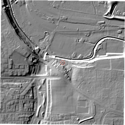 Shaded relief map of the ground around TS177JU, computed from Environment Agency LiDAR. The ground here sits at about 8 m above sea level and falls 16 m across the surrounding 800 m. Surface water reaching this point runs off ground lying to the south, 5.5 m higher.