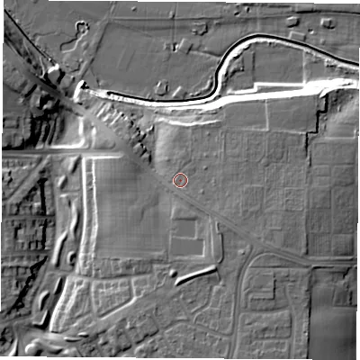 Shaded relief map of the ground around TS177LD, computed from Environment Agency LiDAR. The ground here sits at about 14 m above sea level and falls 16 m across the surrounding 800 m. Surface water reaching this point runs off ground lying to the south-east, 2.2 m higher.