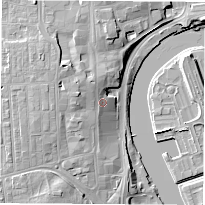Shaded relief map of the ground around TS181AG, computed from Environment Agency LiDAR. The ground here sits at about 11 m above sea level and falls 13 m across the surrounding 800 m. Surface water reaching this point runs off ground lying to the west-north-west, 3.9 m higher.
