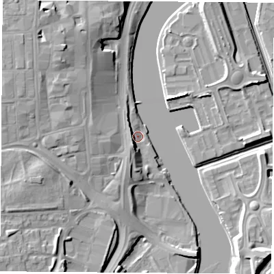 Shaded relief map of the ground around TS181BZ, computed from Environment Agency LiDAR. The ground here sits at about 5 m above sea level and falls 13 m across the surrounding 800 m. Surface water reaching this point runs off ground lying to the south-south-west, 5.9 m higher.