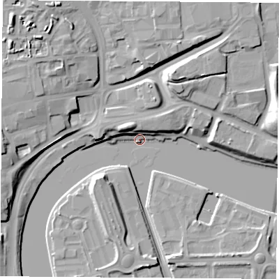 Shaded relief map of the ground around TS181TQ, computed from Environment Agency LiDAR. The ground here sits at about 4 m above sea level and falls 17 m across the surrounding 800 m. Surface water reaching this point runs off ground lying to the north-west, 8.7 m higher.