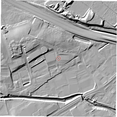 Shaded relief map of the ground around TS182AD, computed from Environment Agency LiDAR. The ground here sits at about 5 m above sea level and falls 15 m across the surrounding 800 m. Surface water reaching this point runs off ground lying to the west-north-west, 8.2 m higher.