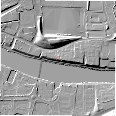 Shaded relief map of the ground around TS182FN, computed from Environment Agency LiDAR. The ground here sits at about 10 m above sea level and falls 18 m across the surrounding 800 m. Surface water reaching this point runs off ground lying to the east, 1.9 m higher.