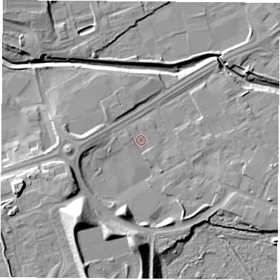 Shaded relief map of the ground around TS182LU, computed from Environment Agency LiDAR. The ground here sits at about 4 m above sea level and falls 21 m across the surrounding 800 m. Surface water reaching this point runs off ground lying to the west-north-west, 1.3 m higher.