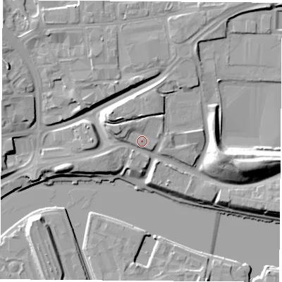 Shaded relief map of the ground around TS182NB, computed from Environment Agency LiDAR. The ground here sits at about 10 m above sea level and falls 18 m across the surrounding 800 m. Surface water reaching this point runs off ground lying to the north-west, 4.5 m higher.