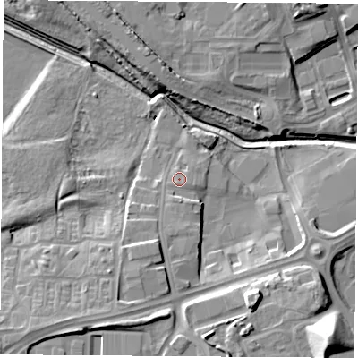 Shaded relief map of the ground around TS182NH, computed from Environment Agency LiDAR. The ground here sits at about 6 m above sea level and falls 21 m across the surrounding 800 m. Surface water reaching this point runs off ground lying to the south, 3.1 m higher.