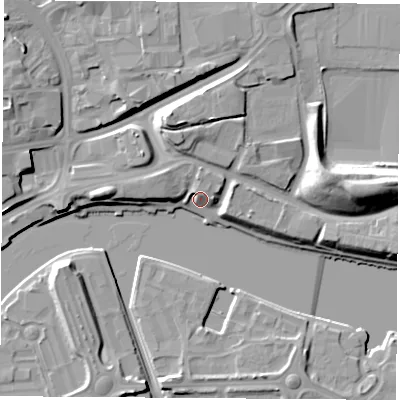 Shaded relief map of the ground around TS182NL, computed from Environment Agency LiDAR. The ground here sits at about 7 m above sea level and falls 18 m across the surrounding 800 m. Surface water reaching this point runs off ground lying to the north, 5.1 m higher.